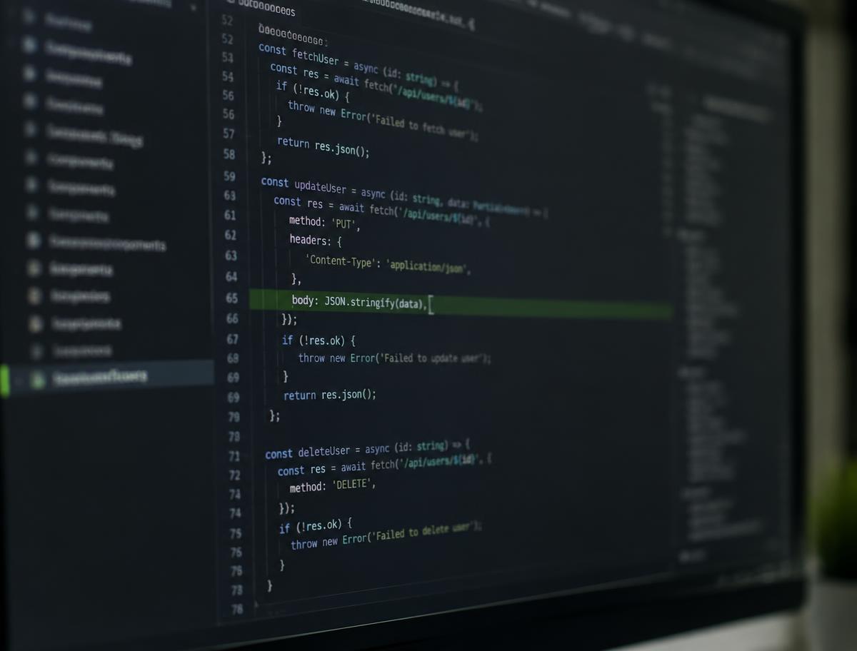 Close-up of source code in a dark code editor on a monitor