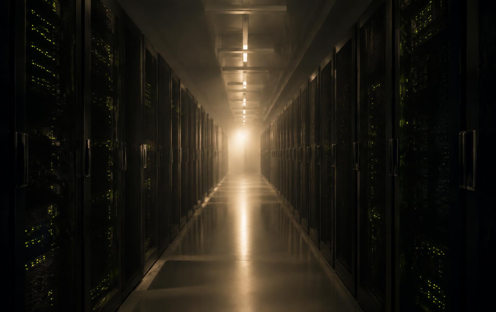 Long corridor of server racks with small green status lights fading into soft light